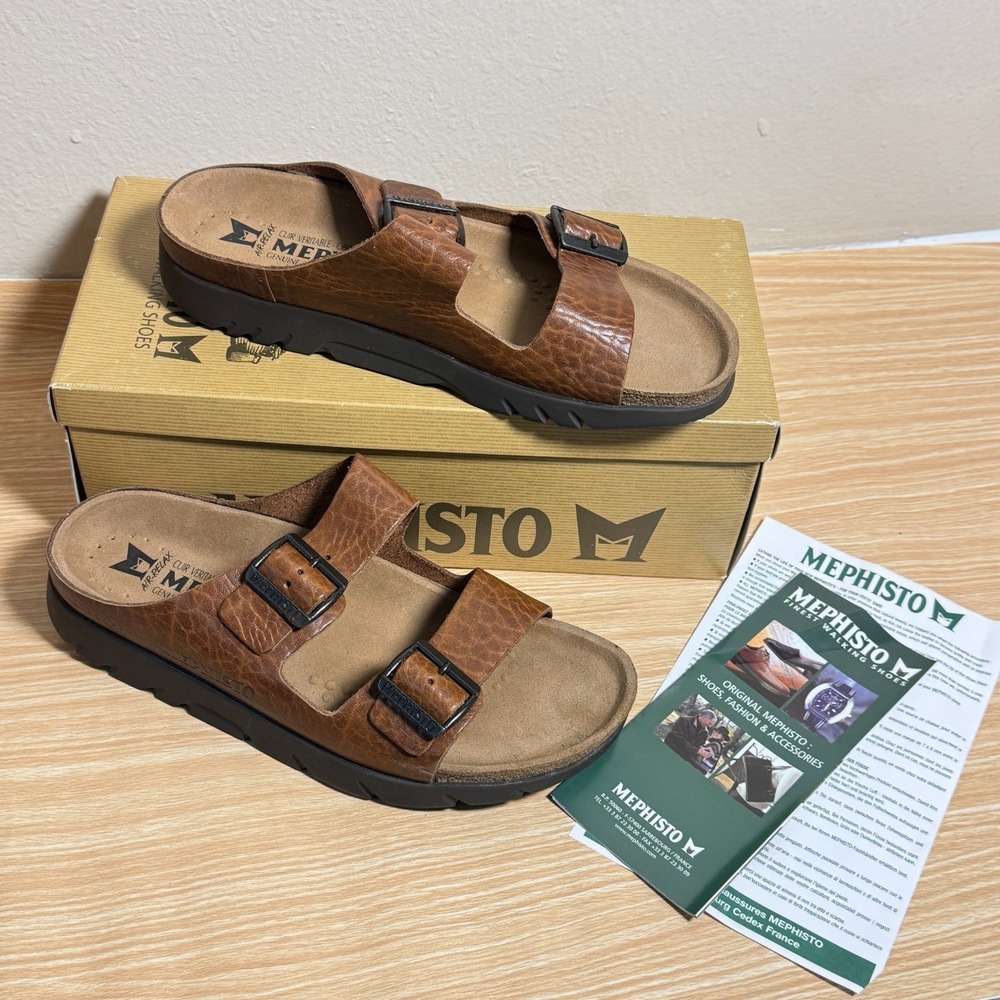 Mephisto Zonder Sandals Mens US 9 Brown Leather Adjustable 2-Straps Casual Slide
